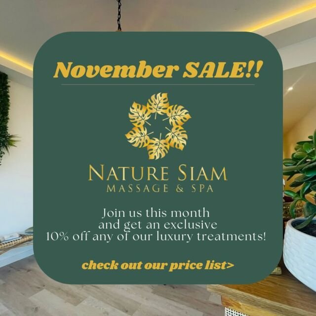 Book ANY of our fabulous luxury treatments this November and get 10% OFF!! Offer ends soon, so book via the link in our bio to avoid missing out!! 🥰

Why not Pamper yourself 🧖‍♀️🥰 before the busy holiday season begins!! 🥹 or buy someone you love the perfect Christmas gift 🎁 

Swipe now to check out our treatment price list.
Don’t forget to take 10% off all of our listed prices! 🥰 
Book via the link in bio 
If you have questions on any of our services just DM us or give us a call today! 

#fallwinter #sale #10%off #selfcare #thaimassage #surrey #gifting #relaxation #meditation #massagetherapy #massagesurrey #luxuryspa 
#exclusive November deal 💗🙏🏼